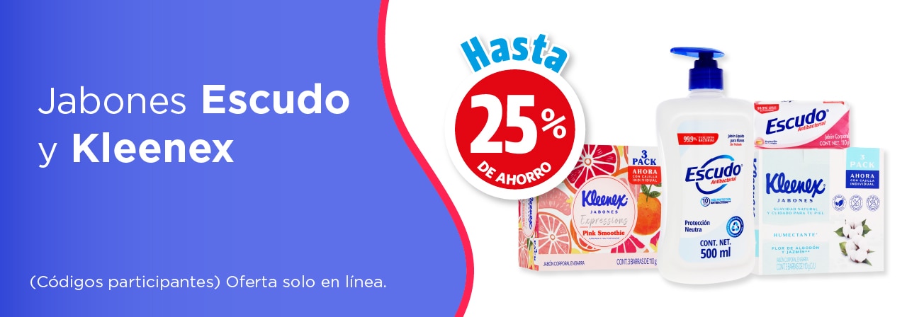 Jabones Escudo y Kleenex hasta 25% de ahorro